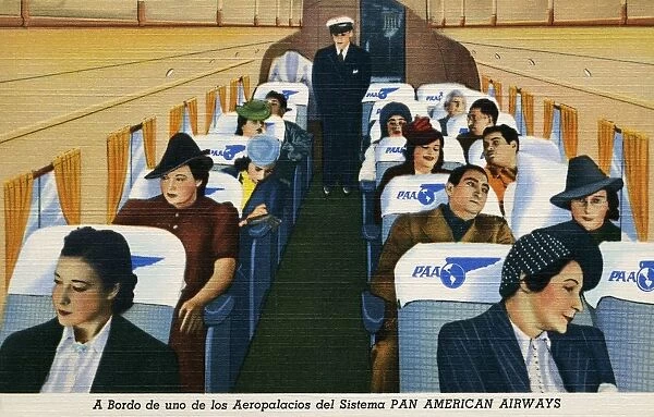 Passengers Aboard Pan American Airways Flight. ca. 1939, A Bordo de uno de los Aeropalacios del Sistema PAN AMERICAN AIRWAYS. CONVIENE VOLARjaporque el vuelo es limpio y comodo. Y se llega al final del viaje sin fatiga ni molestias