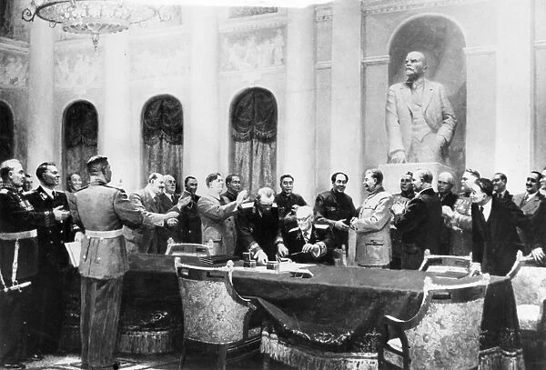 In the name of peace a painting by soviet artists v, vikhtinsky, b, zhukov, e, levin, l, chernov, and l, shmatkov, the painting depicts the signing of the treaty of friendship, alliance, and mutual assistance between the soviet union and the chinese peoples republic in 1950, (left to right: a, mikoyan, man bent over is unknown as is the man behind him, man in uniform is n, a, bulganin, n, c, khrushchev, v, m, molotov, k, voroshilov, j, v, stalin, mao zedong, chou enlai, wang cha hsiang, ambassador to the ussr g, m, malenkov, unknown chinese, i, p, beria, l, m, kaganovich, uniformed man facing back is believed to be marshal vasilevsky, andrei vyshinsky, and bending over him, b, podserop)