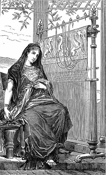Penelope and her loom. In Ancient Greek legend wife of Ulysses, mother of Telemachus