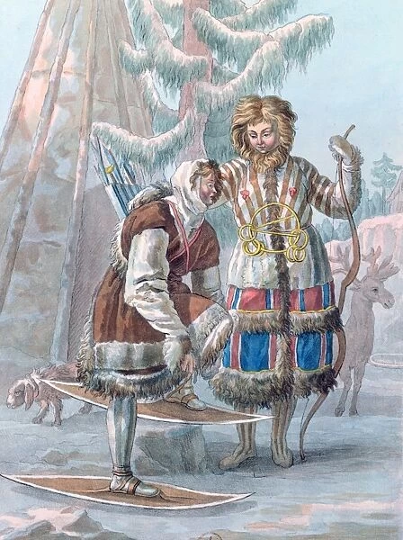 The Peoples of Russia: Samoyeds. Coloured lithograph 1813. Nomadic reindeer