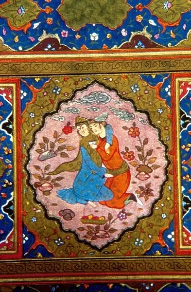 Detail from Persian manuscript depicting lovers embracing in garden, surrounded by flowering plants