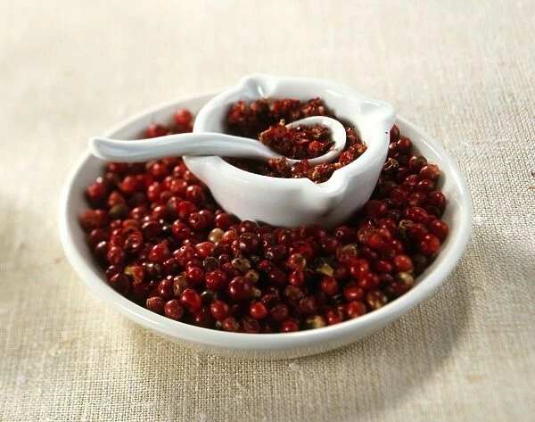 Pink Pepper (Schinus terebinthifolius), whole red berries in bowl and crushed in pestle