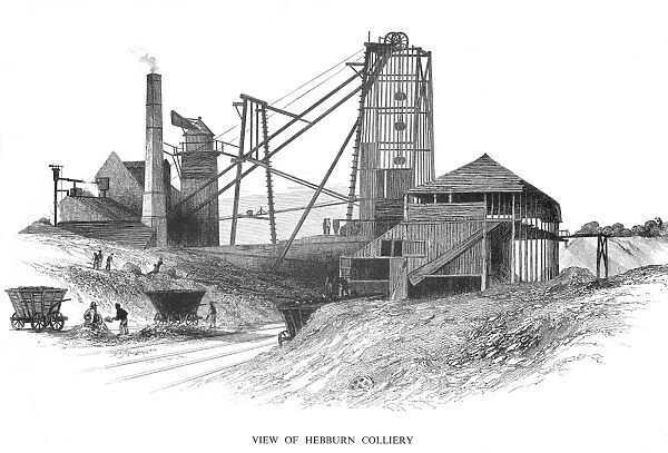 Pithead at Hebburn Colliery, Newcastle area, showing engine house (left) providing