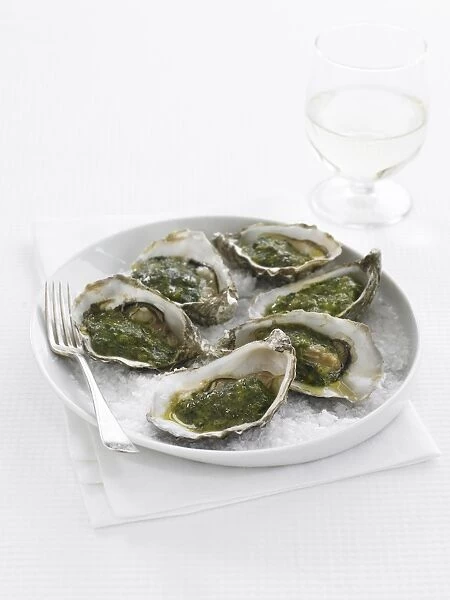 Plate of oysters on crushed ice, close-up