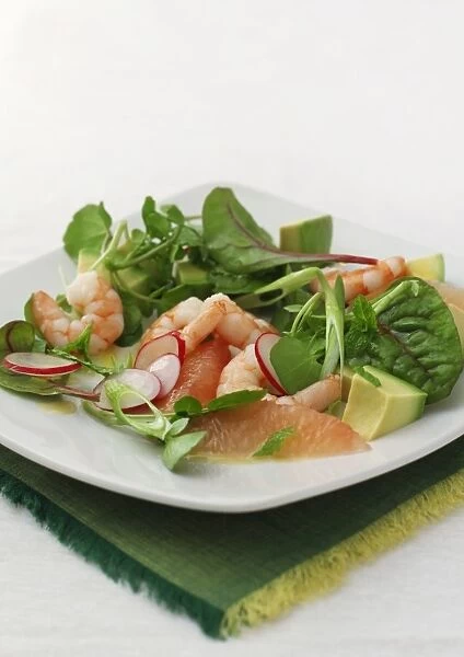 Plate of prawn, lettuce and avocado salad on white background
