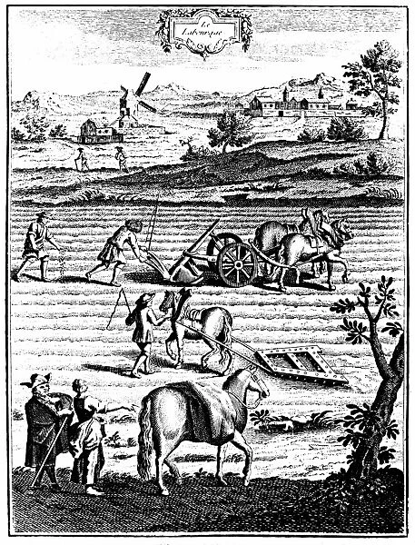 Ploughing and harrowing with horses and sowing seed broadcast. In background is a
