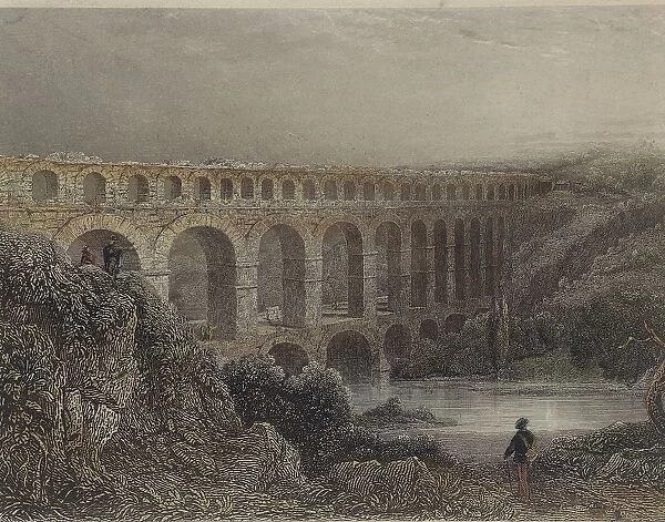 Pont-du-Gard, Roman bridge over Gardon River which forms part of aqueduct of same name, coloured engraving