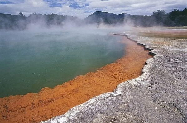 Pool of hot water in a landscape, Champagne Pool, Waiotapu Thermal Park, Bay of Plenty, Rotorua, North Island, New Zealand