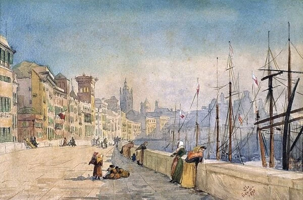 The Port of Genes (Genoa), 1878. Watercolour by J. L Genatto. Sunlit buildings at quayside