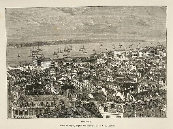 Portugal, Lisbon, Tagus River and Praca do Comercio (Commerce Square) district, engraving from Nouvelle Geographie Universelle by Elisee Reclus, drawing from photograph by M. J. Laurent, 19th century