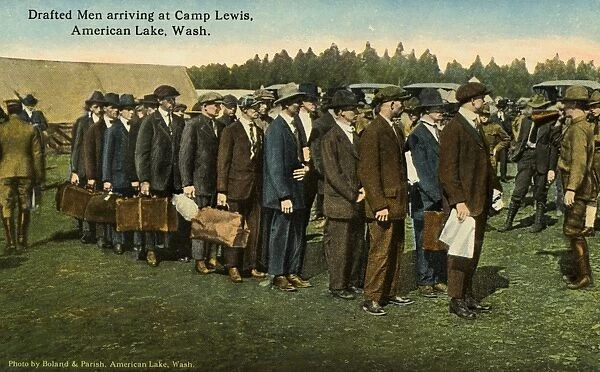 Postcard of Drafted Men at Camp Lewis. ca. 1917, Drafted men arriving at Camp Lewis, American Lake, Washington
