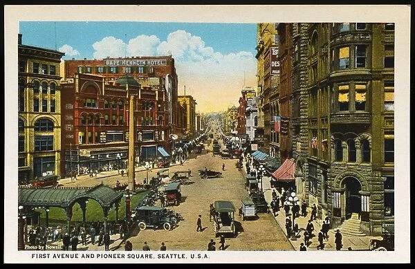 Postcard of First Avenue and Pioneer Square. ca. 1916, FIRST AVENUE AND PIONEER SQUARE, SEATTLE, U. S. A