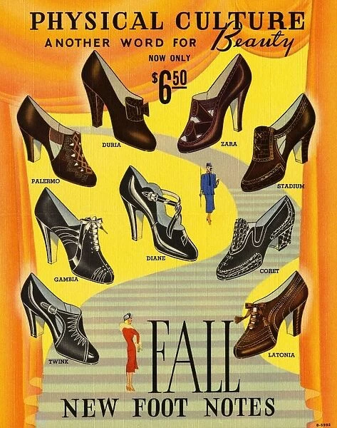 Postcard for Physical Culture Shoes. ca. 1938, A postcard invitation for an advance showing of the fall line of Physical Comfort shoes in 1938