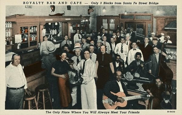 Postcard of the Royalty Bar and Cafe. ca. 1938, Royalty Bar and Cafe - Only 3 blocks from Santa Fe Street Bridge The only place where you always meet your friends Royality Bar and Cafe Pedro Gutierrez Bonet, Prop. Ave. Juarez No. 443 - Tel. 21 Ciudad Juarez, Chih. Mexico