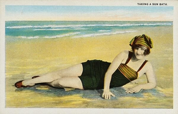 Postcard of a Sunbather at the Beach. ca. 1922, Taking a sun bath