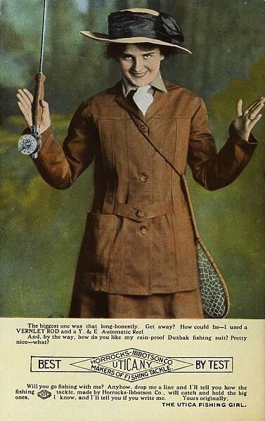 Postcard of a Woman Describing Size of Fish. ca. 1916, Postcard of a Woman Describing Size of Fish