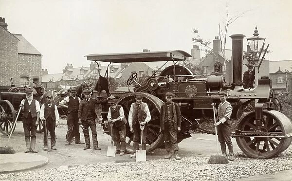 Postcard of Workers in front of an Antique Steamroller. Northamptonshire, England, UK, Postcard of Workers in front of an Antique Steamroller