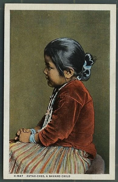 Postcard of Zuyah-Chee, A Navaho Child. ca. 1923, Zuyah-Chee, A Navaho Child The Navaho child is seldom punished for the simple reason that he seldom requires it. There appears to be a bond of sympathy and love between parent and child which is very strong during the minority of the child: but strange to say, the children do not always love and protect their parents when the latter become old and infirm. H-1947