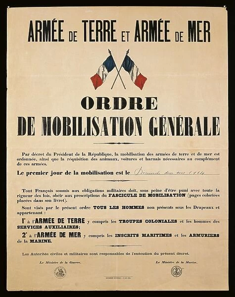 Poster from World War I ordering general mobilization, Sunday, August 2, 1914
