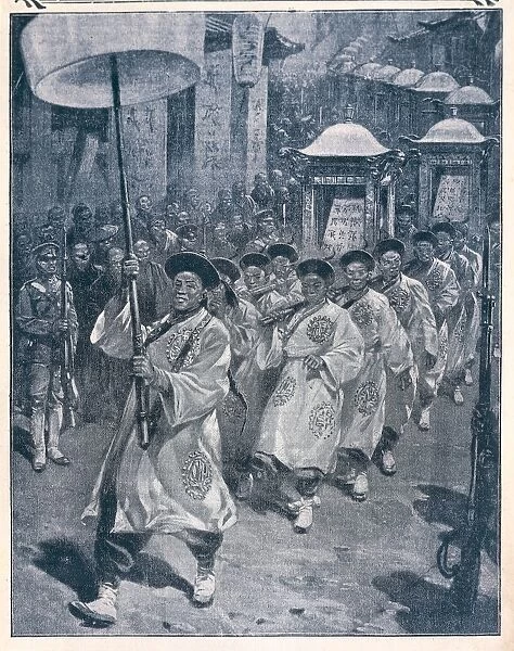 Procession of imperial ancestral tablets in Peking (Beijing), From Journal des Voyages, 1909, illustration