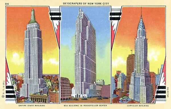 Prominent Skyscrapers of New York. ca. 1936, New York, New York, USA, 211 SKYSCRAPERS OF NEW YORK CITY. EMPIRE STATE BUILDING, RCA BUILDING IN ROCKEFELLER CENTER, CHRYSLER BUILDING. The highest buildings in the world are in New York City. Empire State Building with 102 floors tops them all and next is the Chrysler Building with 77 floors. The RCA Building in Rockefeller Center contains 70 floors. All these buildings have observation towers from which one may see all of New York City and many miles beyond