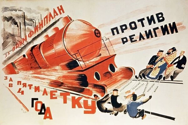 A propaganda poster from 1930, for the completion of the five year plan in four years! and, in black, against religion