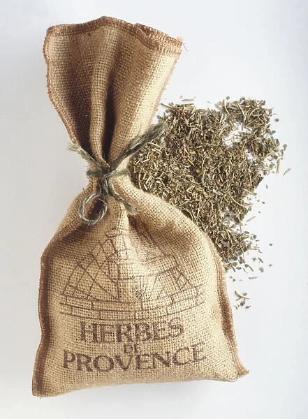 Provencal herbs sprinkled and in a sack