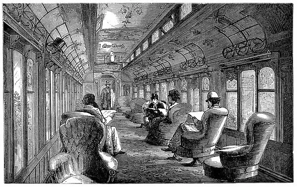 Pullman drawing room car on the Midland Railway, England. Wood engraving, 1876