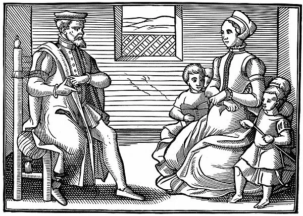 A Puritan Family. Father teaching his family to sing Psalms rather than vayne