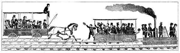 Race between Peter Coopers locomotive and a horse-drawn railway carriage