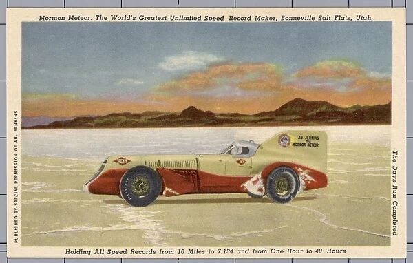 Racing on the Bonneville Salt Flats. ca. 1951, Utah, USA, Mormon Meteor. The Worlds Greatest Unlimited Speed Record Maker, Bonneville Salt Flats, Utah. The Days Run Completed. Holding All Speed Records from 10 Miles to 7, 134 and from One Hour to 48 Hours. Mormon Meteor: David Abbott (Ab) Jenkins. Owner-Driver, and founder of the Salt Flats as a race course. Utah born and reared 1883. Religion, (Mormon). Holder of more worlds unlimited records than any man in history of sports. The only man who has ever driven an automobile continuously without relief for 24 hours, under supervision of contest board. Awarded champion of champions plaque and cup for the worlds safest driver. In 1950 at age 67, he made his fastest lap of 13 miles 199. 19 M. P. H. Raced his last time in July, 1951. Now retired. He attributes his stamina to the fact, he never in his life, tasted liquor or tobacco. Average M. P. H, Distance: 199. 19, 10 Miles