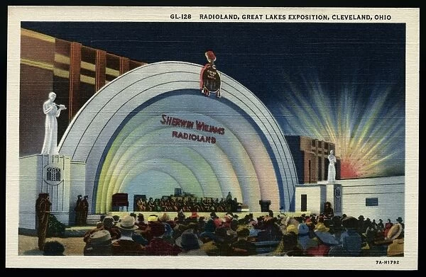 Radioland at Great Lakes Exposition. ca. 1937, Cleveland, Ohio, USA, GL-128. RADIOLAND, GREAT LAKES EXPOSITION, CLEVELAND, OHIO. Headline bands and acts of the air waves attract thousands to Sherwin-Williams Radioland, wherein full benefit may be obtained from Lake Eries breezes. During the Exposition season outstanding radio entertainers will be heard in inviting programs