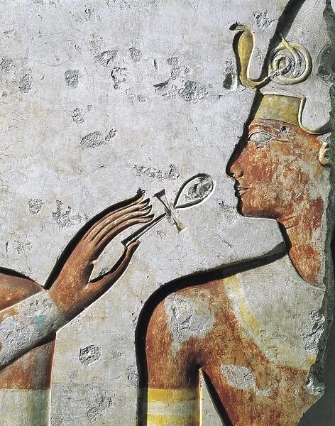 Ramses II during opening of the mouth ceremony, bas-relief, from small temple built by Pharaoh at Abydos