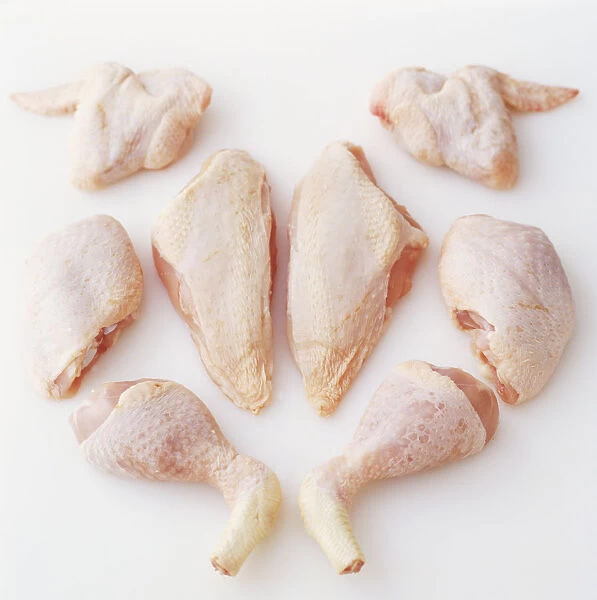 Raw chicken cut into eight pieces