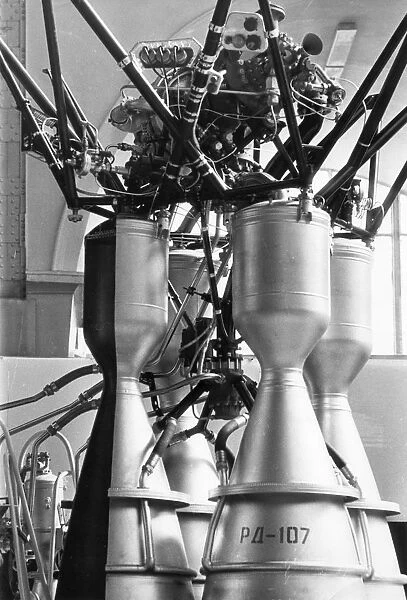 A rd-107 rocket booster engine on display at the cosmos pavillion of the ussr exhibition of economic achievement (vdnkh) in moscow, 1967