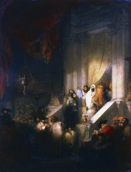 Reading from the Torah in the Synagogue. Oil on canvas. Private Collection