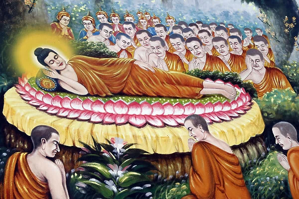 Reclining Buddha painting. After 45 years of teaching the Dharma, the Buddha passed into Parinirvana. The Life of the Buddha, Siddhartha Gautama. Chau Doc. Vietnam
