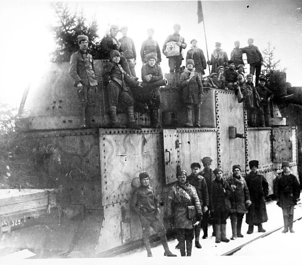 Red army soldiers near an armored train during the kronshtadt revolt in 1921
