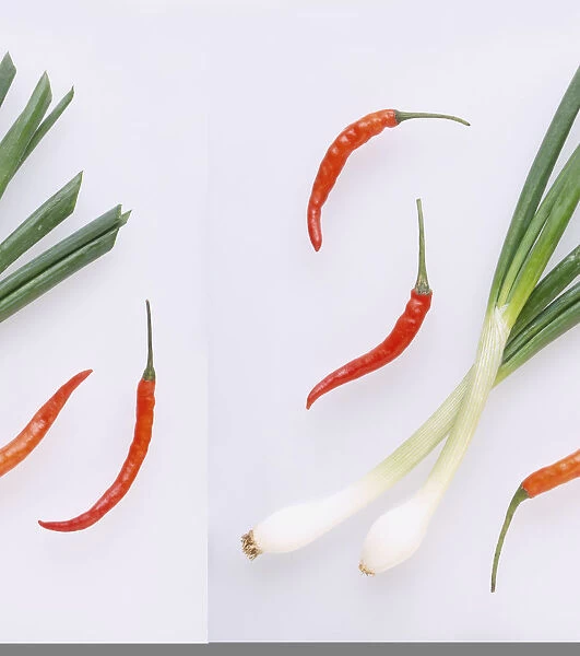Red chilli peppers and spring onions, close-up