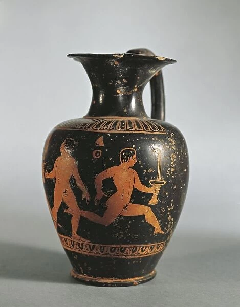 Detail of red-figure oenochoe (or oinochoe- wine jug) depicting a runner with a torch