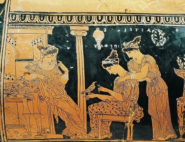 Red-figure pottery, Epinetron by Eretria Painter depicting woman at her toilet, detail