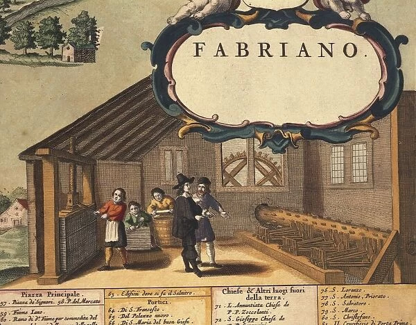 Detail representing paper industry of City of Fabriano, by Georg Braun, 1541-1622 and Franz Hogenberg, 1540-1590, from Civitates Orbis Terrarum, engraving