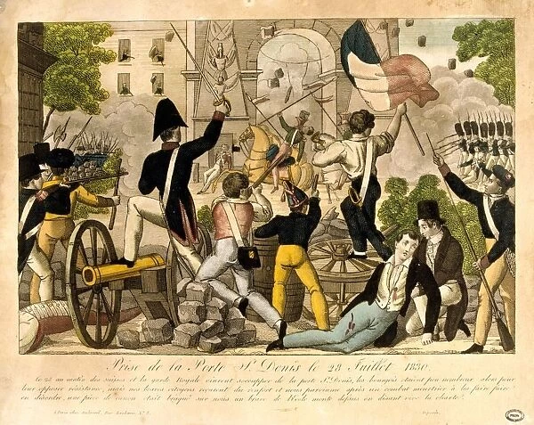 Revolution in France, 1830: Capture of Porte Saint Denis July 1830. Popular hand-coloured woodcut