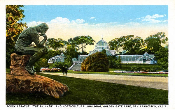 Rodins Statue, The Thinker and Horitculture building, Golden Gate Park, San Francisco, California