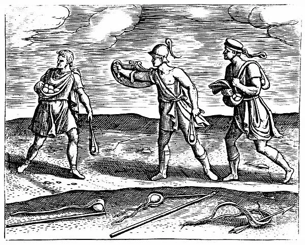 Roman soldiers: Stone slingers and their equipment. Three men all carrying short hand slings