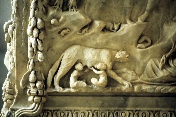 Romulus and Remus suckling from the she-wolf. Detail from marble monument to the