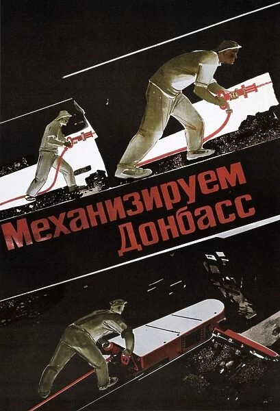Russian coal miners working underground using drills and a coal-cutting machine. Poster c1930