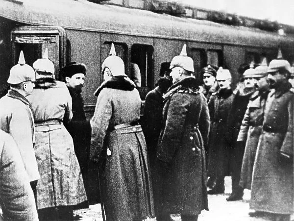 The russian delegation including leo trotsky, being greeted by the germans upon their arrival at brest-litovsk, december 27, 1917