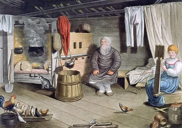 Russian Manners and Customs, 1821. Coloured lithograph. Peasant Interior: Husband
