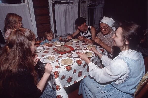 Russian (slav) family eating dinner, russia, 1990s